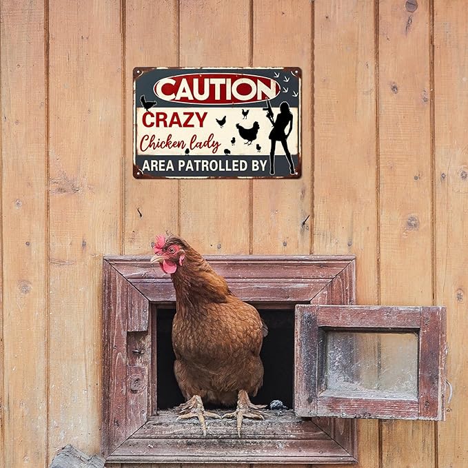 Caution Area Patrolled By Chicken Lady Metal Tin Sign Funny Farm Yard Fence Chicken Coop Caution Sign Outdoor Decor Lovers Gag Gifts 8x12 Inch