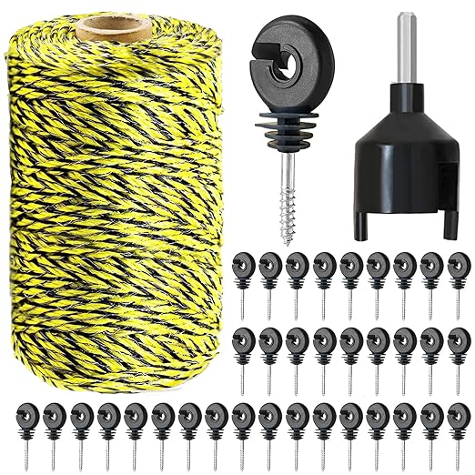 656 Feet Electric Fence Polywire & 50 Pcs Electric Fence Insulator, Portable Electric Fencing Poly Wire Rope Line 6 Steel Strands for Reliable Conductivity & Rust Resistance