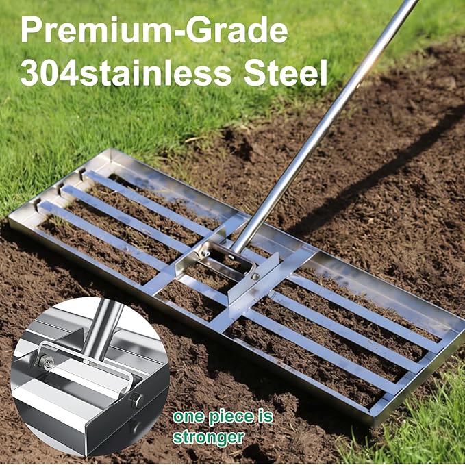 Lawn Leveling Rake 30x10 inch, Lawn Leveler Tool with 6.5ft Handle Rakes, 304Stainless Steel Yard Leveling Rake, Heavy Duty Soil Landscape Rake for Backyard, Garden, Farm, Pasture, Golf Course