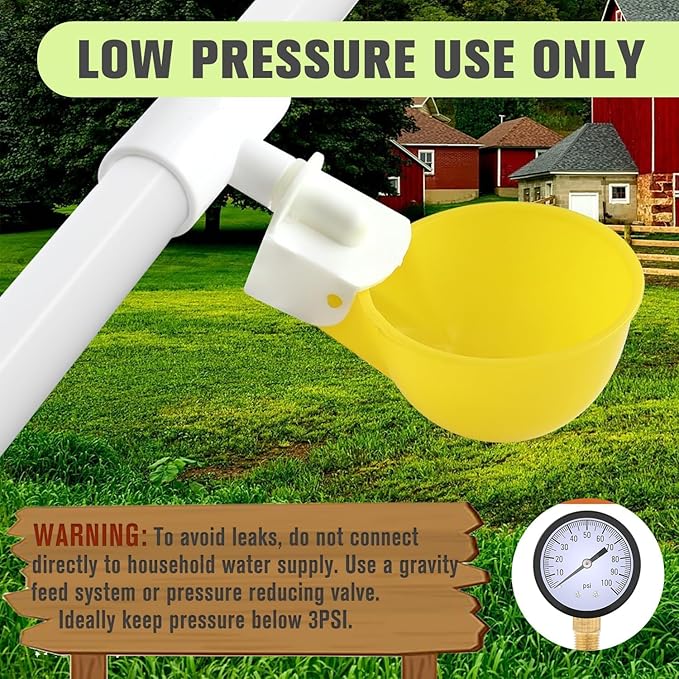 Chicken Water Cups with PVC Tee Fittings for 1/2" Pipe, Automatic Chicken Watering System, Anti-Leak, Holds 50% More Water, Suitable for Chicks, Chicken, Duck, Quail, Birds (Yellow, 8 PVC Cups)