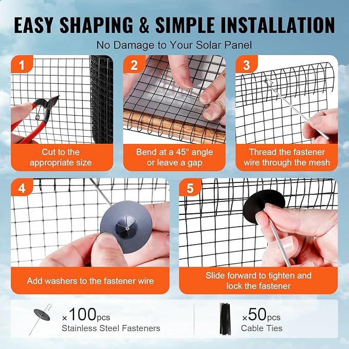 VEVOR Solar Panel Bird Guard 6inch x 98ft PVC Coated Mesh Roll Kit with 100pcs Fasteners, 50pcs Tie Wires,Critter Fence,Pigeon Proofing, Black