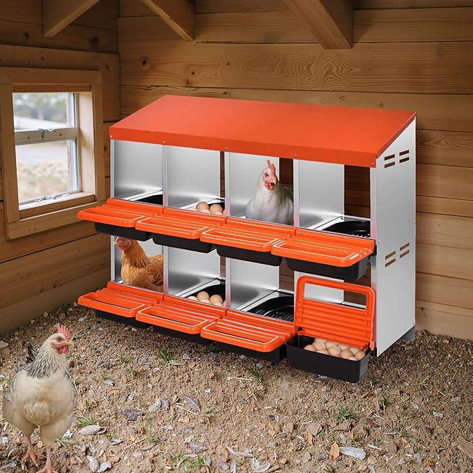 VEVOR 2 Tiers Chicken Nesting Boxes, 8 Compartments, Metal Egg Laying Boxes with Protective Collection Lids, Roll Out Nesting Box, Easy to Assemble, Ideal for Hens, Ducks, Chickens, and Other Poultry