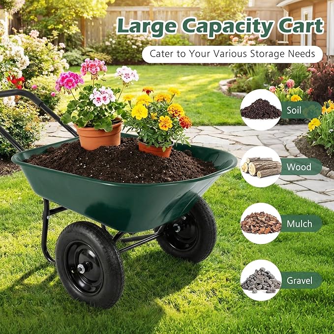 IRONMAX Dual-Wheel Wheelbarrow, Heavy Duty Wheel Barrel with All-Terrain Wheels, 330 LBS Utility Yard Cart with Built-in Stand, Outdoor Gardening Carts for Lawn, Farm, Planting (Dark Green)