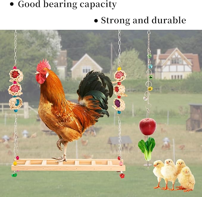 9PCS Chicken Toys for Coop, Chicken Xylophone Toy, Swing Mirror Chewing Toys for Hens Vegetable Hanging Feeder, Beak Grinding Calcium Stones with Bells Cage Toy for Cockatiel Parakeet Parrot Budgies