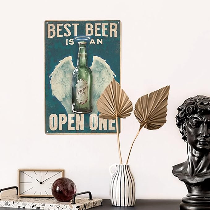 JOCASA Best Beer Is An Open-One Vintage Metal Poster Sign Decor-Retro Beer Theme Aluminum Metal Tin Sign for Garage Decor Bar Room Home Kitchen, Signs Gift,12''x 8''