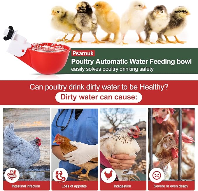 Chicken Waterer Cups (16 Pack/Red) - DIY Automatic Large Chicken Water Feeder for Ducks Quail and Various Poultry Dispenser with Matching Drill, Double Rubber Ring, Not Leaking Wate…