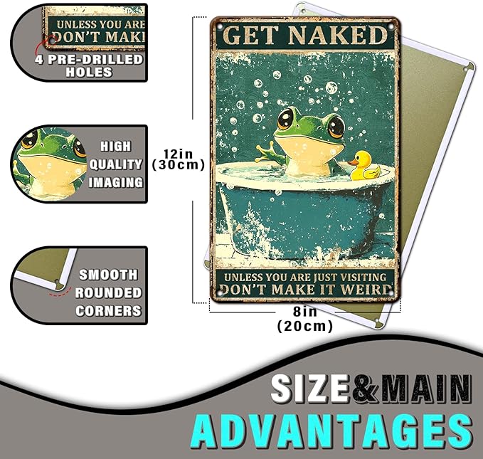 PEACHGARDEN Funny Bathroom Decor Frog Vintage Metal Sign Shower Room Wall Decor Bathroom Toilet Frog Poster 8x12inch