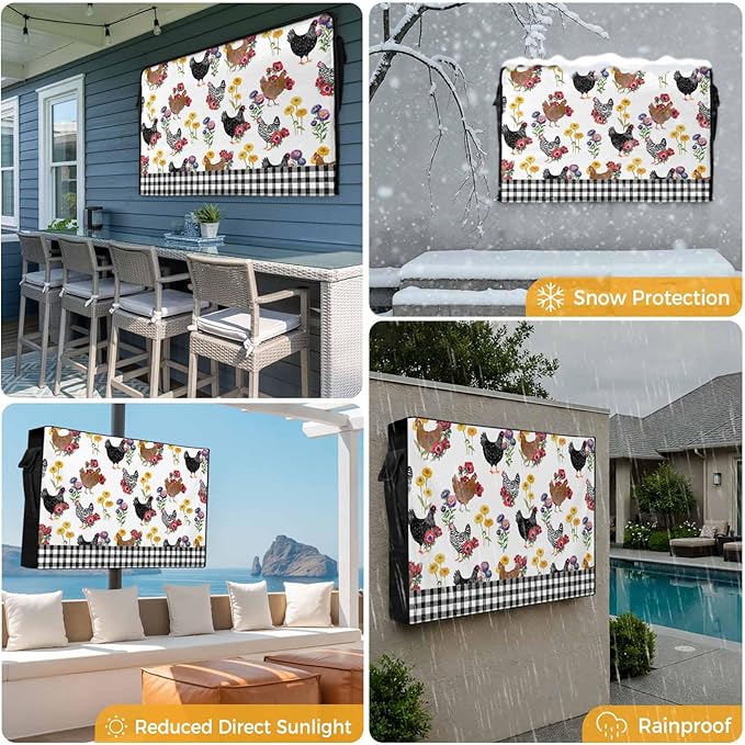 Waterproof Outdoor TV Cover 52 to 55 Inch, Farm Chicken Flower Outside Flat Screen Televisions Weatherproof Cover Size 52"L x 30"H, White Black Plaid TV Protector With Zipper