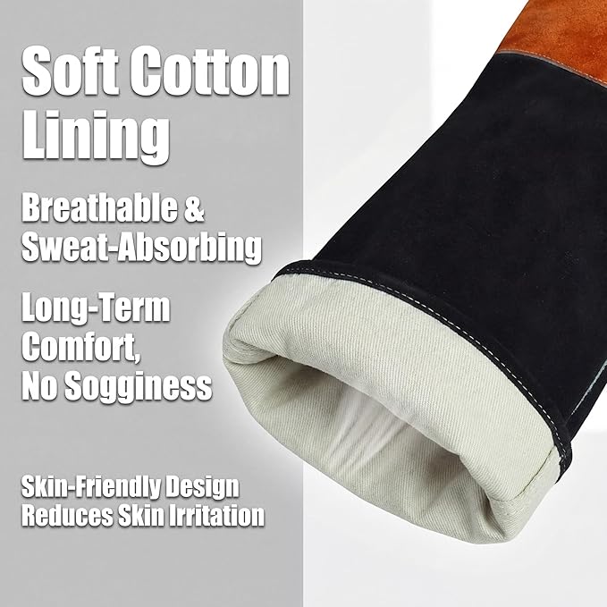 Leather Welding Sleeves,Work Gloves with Palm Reinforcements,Bite Proof for Animal Handling