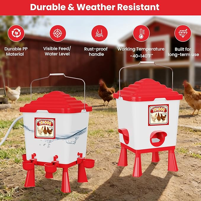 5 Gallon/26 Pounds Automatic Chicken Feeder and Waterer Set, Chicken Waterer with Automatic Float Valve, No Waste, Rain Proof Poultry Feeder, Chick Coop Accessories, for Chicken, Duck, Turkey