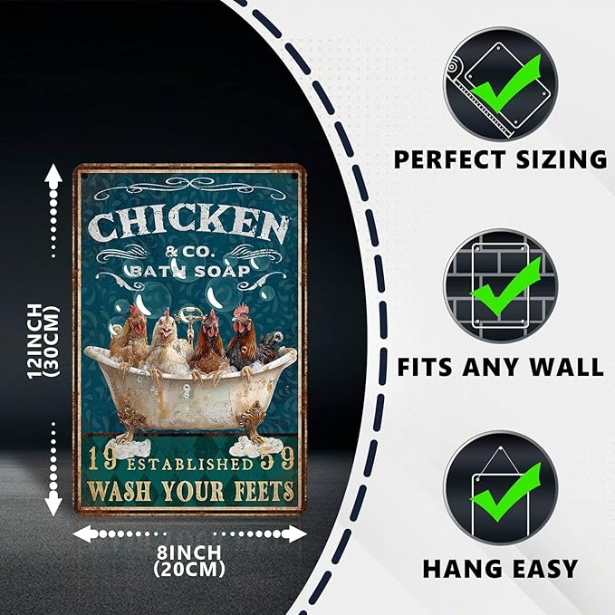 Funny Chicken Bathroom Sign Chicken Coop Metal Decor Wash Your Feets Tin Signs Vintage Wall Art For Home Restroom Washroom Cafe Indoor Kitchen Toilet Farmhouse Bar 12 * 8 In