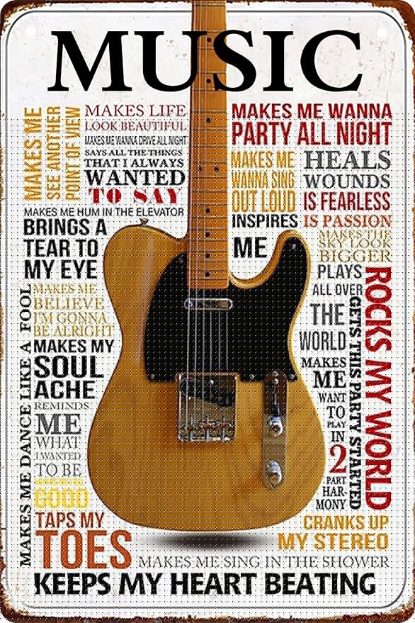 Guitar Metal Signs Vintage Rock Music Wall Decor Man Cave Tin Sign Gym Pool Bar Bathroom Yard Garage Signs Music Keeps My Heart Beating 8x12 in