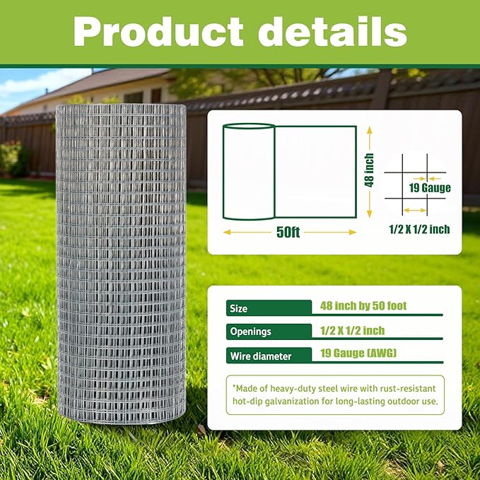 48" x 50' Hardware Cloth - 19 Gauge Heavy-Duty 1/2 Inch Welded Chicken Wire, Hot-Dipped Galvanized Mesh for Chicken Coop & Garden Fencing