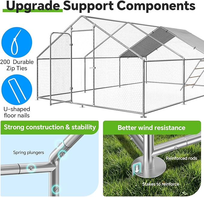 Large Metal Chicken Coop Run with Roosting Perch, Outdoor Waterproof & UV-Resistant Cover for Chickens, Ducks, Rabbits, and Hens in Yard or Farm Use Spire Roof (13.1'Wx19.7'Lx 6.5'H)