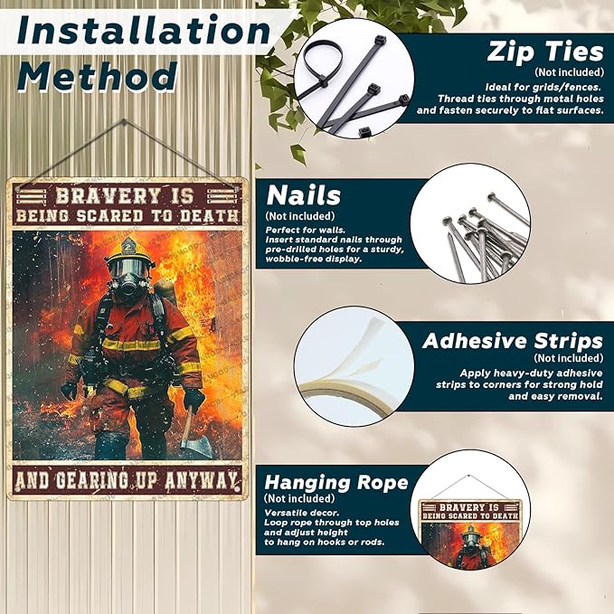 Firefighter Metal Sign Firefighter Bravery Is Being Scared To Death And Gearing Up Anyway Metal Poster Home Kitchen Garage Vintage Aluminium Sign Art Wall Decor 16x12 Inch