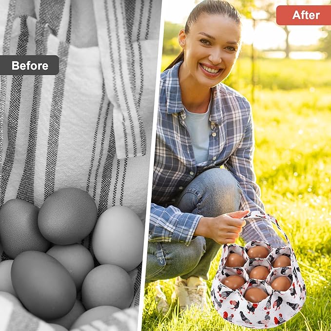 Egg Collecting Basket, Canvas Egg Basket for Gathering with 7 Pouches for Chicken, Duck, Goose, Bird, Various Poultry Collection (Red-tailed)