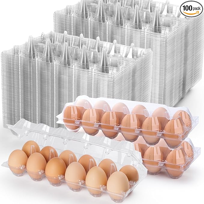 100 Pack Plastic Egg Cartons 12 Count Egg Cartons Cheap Bulk for Chicken Eggs, Egg Holder Egg Container for Fresh Eggs, Reusable Egg Carton for Family, Chicken Farm and Markets, 2x6 Grid, Medium