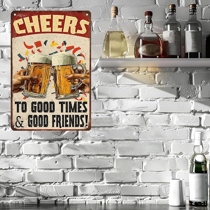 Cheers Beer Iron Sign Poster Cheers Beer Toast Metal Tin Sign Cheers Beer Toast Sign Home Decor Garage Bar Restaurant Kitchen Cafe Bar Pub 12x8 Inch Wall Art Decor