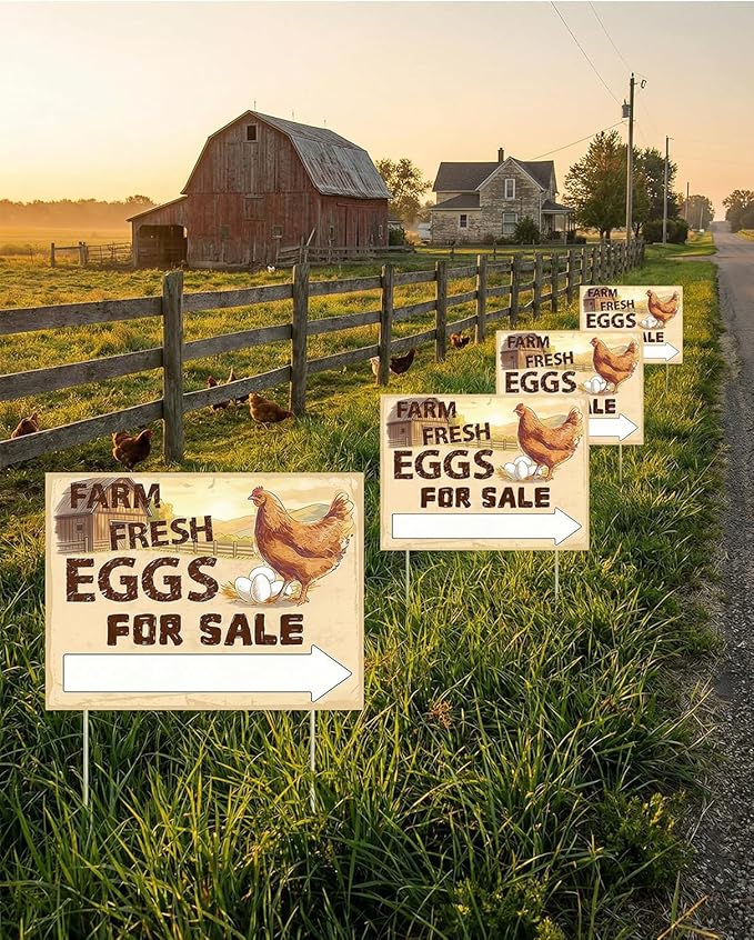 5-Pack Double Sided Farm Fresh Eggs Sale Signs with 10 Reinforced Fiberglass Stakes for Backyard Chicken Farm Advertising,16x12"