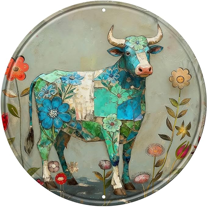 Cow Round Metal Tin Sign Wreath Farm Flowers Rustic Vintage Wall Art Decor for Garden Farmhouse Yard Home Decor 12x12inch