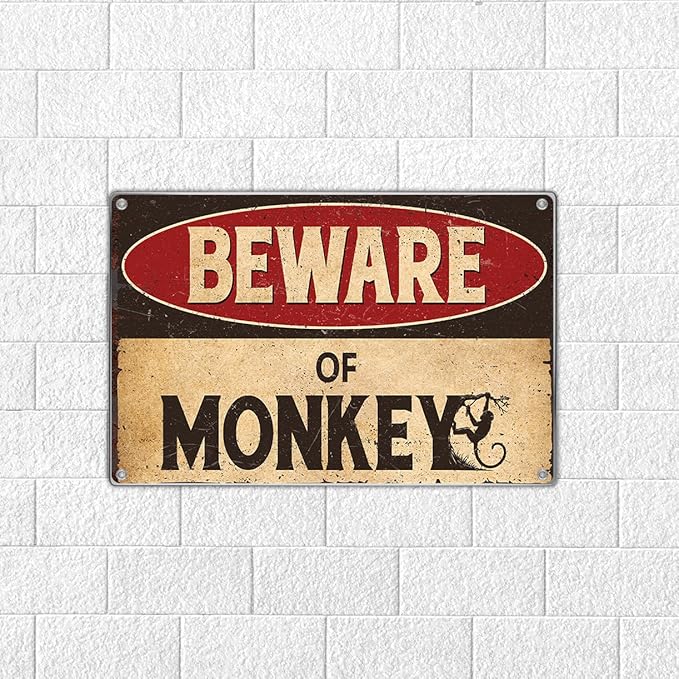 Vintage Beware Of Monkey Metal Sign Funny Warning Wall Decor 12 x 8 Inch Retro Tin Plaque For Man Cave Garage Home Bar Yard Art Outdoor Aluminum Indoor Kitchen