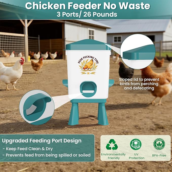 3 Gallon Chicken Feeder and Waterer Set, Large Chick Water with Automatic Float Valve, No Waste Poultry Feeding and Watering System, 4 Cups & 3 Ports, Chicken Coop Accessories for Pigeons/Quail (Blue)
