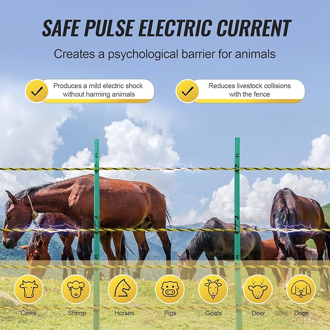 VEVOR Electric Fence Wire, 1640Ft 500M Portable Polywire, 1/8" Diameter 6 Stainless Steel Strands, Fencing Rope Line with 25 Fence Insulators and 25 T-Post Insulators, for Horse, Cattle, Livestock