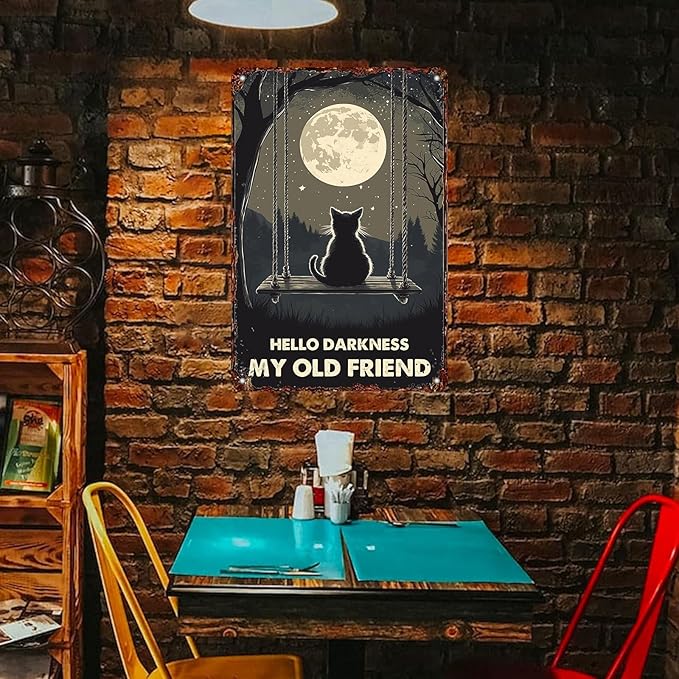 Vintage Wall Decor Metal Poster Plaque Black Cat Hello Darkness My Old Friend Iron Painting Wall Decor Wall Art Nostalgic Tin Sign For Home Cofe Kitchen Pub Bar 12x8 Inch