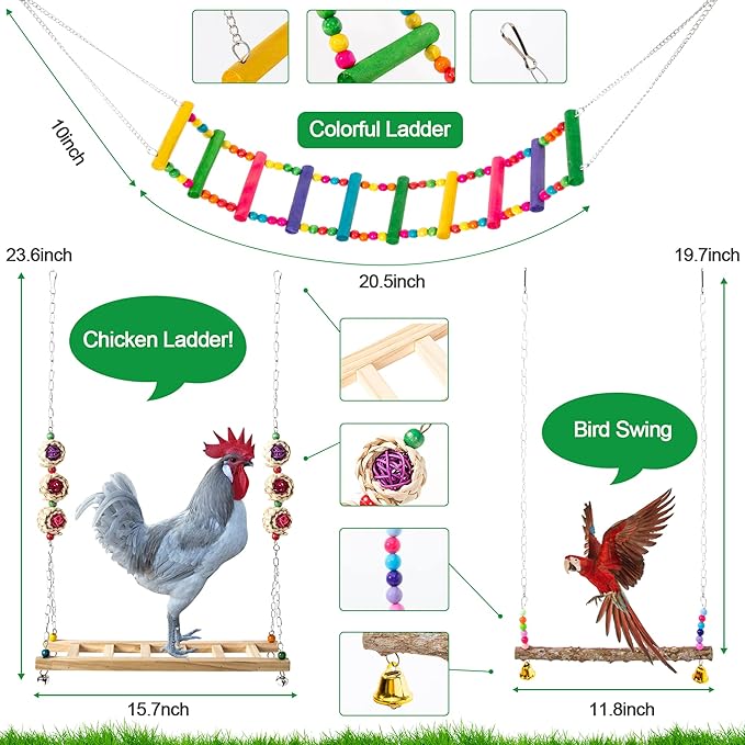 11 Pack Chicken Toys for Coop Accessories - Chicken Xylophone Toy, Chicken Mirror, Chicken Ladder Bridge, Coop Swing, Vegetable Hanging Chicken Feeder, Chewing Foraging Toys, Gifts for Hens