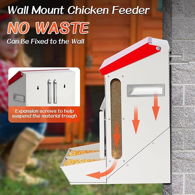 Galvanized Wall Mount Chicken Feeder No Waste Hanging Chicken Feeder with Lid Weatherproof Metal Automatic Poultry Feeder Trough Food Dispenser Mess Free for Duck Geese, Hens, Turkeys Coop