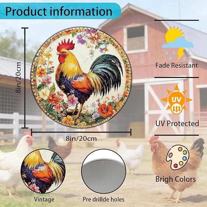 Rustic Chicken Coop Hen Round Metal Tin Sign Vintage Farmhouse Kitchen Wall Decor for Home Garden Outdoor Wall Art Retro Plaque 8 Inch