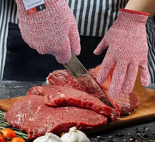 Cutting Gloves, 1 Pairs of Cut Resistant Gloves Food Grade, Cut Resistant Gloves for Kitchen, Oyster Shucking, Fish Fillet Processing, Carving Wood and Gardening(Medium-Red)