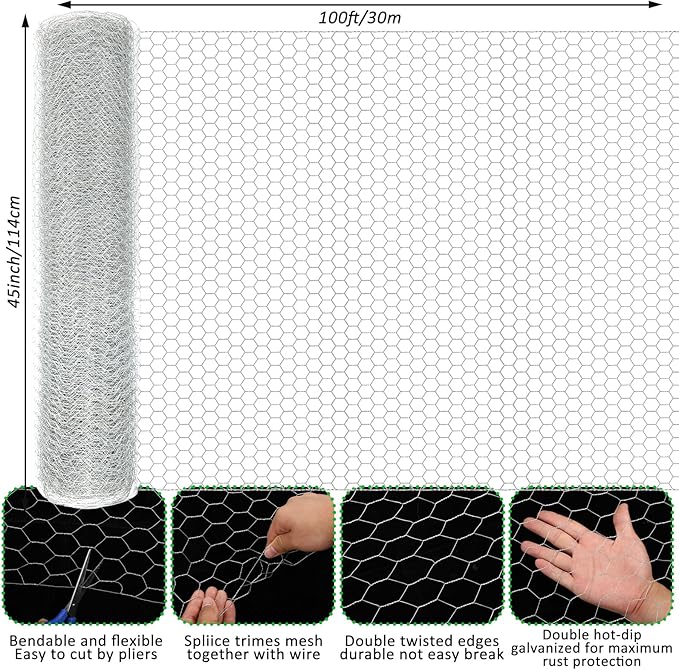 45 in X 100 ft Chicken Wire Fencing Metal Floral Chicken Wire Fence for Crafts 1 Inch Hexagonal Galvanized Poultry Wire Netting for Chicken Coop Barrier Rabbit Cage