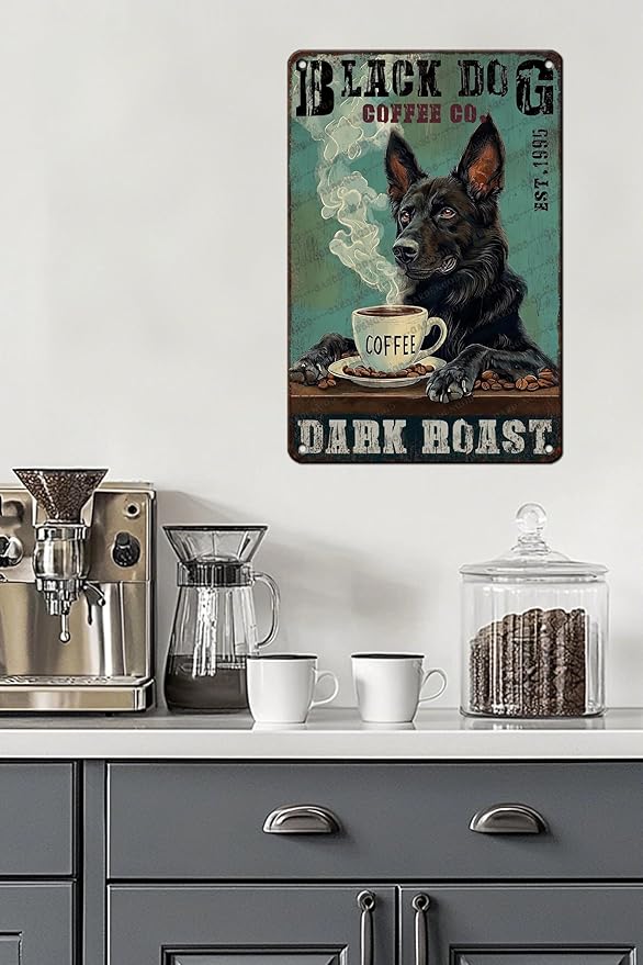 Vintage Black German Shepherd Dog Metal Sign Black German Shepherd Dog Coffee Novelty Metal Poster Home Cafe Kitchen & Bar Bathroom Aluminium Sign Art Wall Decor 16x12 Inch