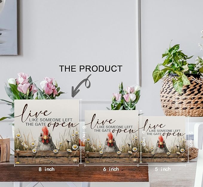 Chicken Rooster Decor Signs,Cottagecore Chicken Wooden Signs,Rustic Farmhouse Live Like Someone Left The Gate Open Wood Sign,Farm Animal Rooster Decor For Kitchen Office Badroom 8x8 Decorative Signs & Plaques