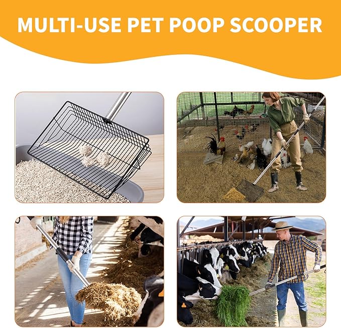 HitTopss Metal Chicken Poop Scooper, Large Chicken Coop Scoop with 24" to 68" Adjustable Stainless Steel Handle, Litter Sifting Shovel Chicken Coop Ccooper for Sand, Pet, Chicken, Cat (10 inch)