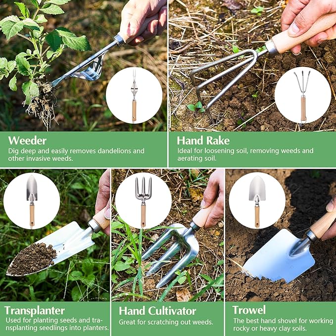 9-Piece Gardening Tools Set - Complete Gardening Kit with Heavy-Duty Stainless Hand Tools, Durable Storage Bag with Garden Accessories, Ideal Gardening Gifts for Women, Men, Gardeners (Green)