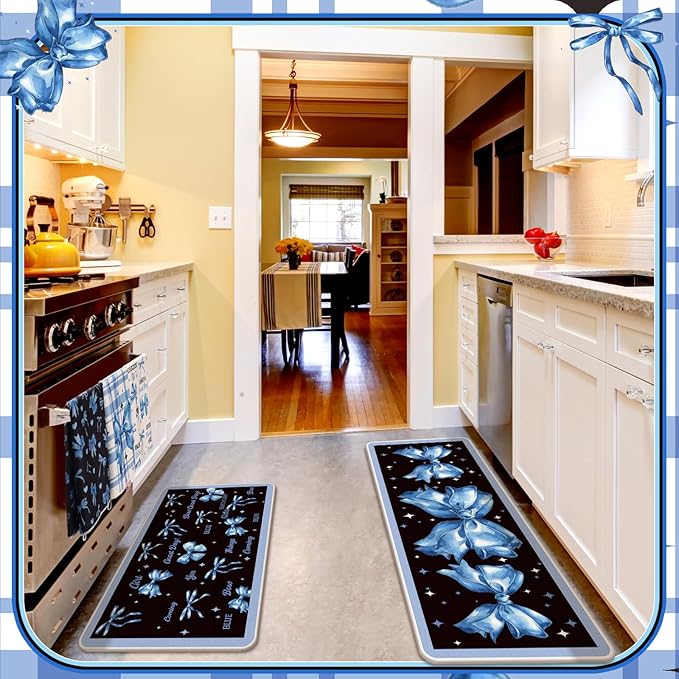 10 Pcs Blue Bow Kitchen Decor Set Dish Towels Kitchen Rugs Oven Mitts and Pot Holders for Cooking Baking Grilling Women Mom Gift