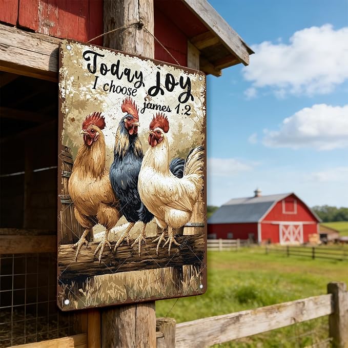 Funny Chicken Farm Animal Tin Sign Retro Metal Wall Decor Vintage Today I Choose Joy Wall Art Poster for Home Outdoor Garden Chicken Coop Farm Decor Gift 16x12 Inch