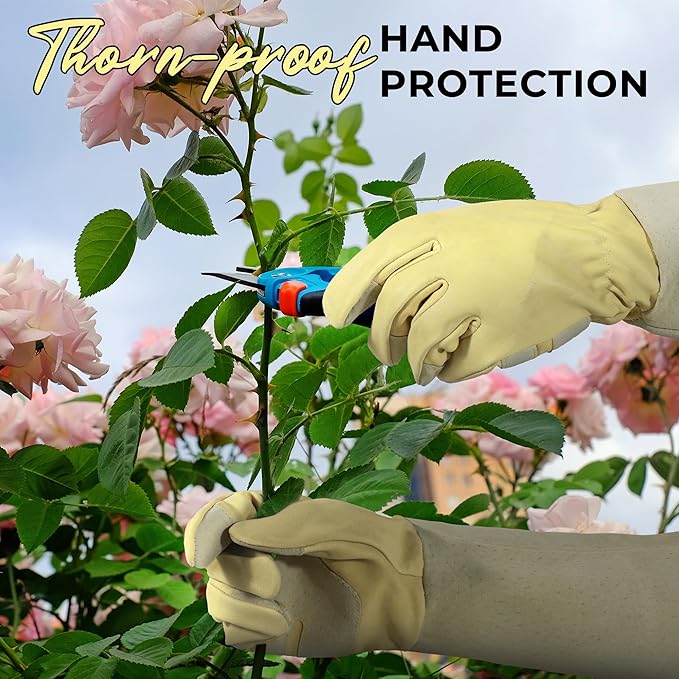 HANDLANDY Rose Pruning Gardening Gloves for Men Women, Thorn Proof Forearm Protection Leather Garden Gloves, Gardening Gifts for Gardeners (Vanilla, X-Large)