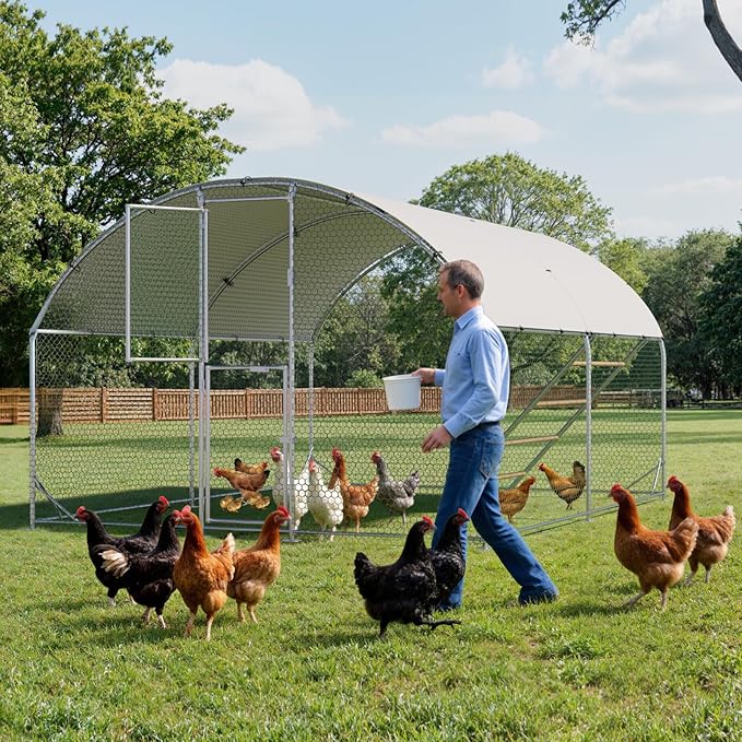 Large Metal Chicken Coop 10x13x6.5FT,Chicken Run for Yard with Feeding Door, Round Top Walk-in Chicken Pen,Outdoor Poultry Cage with Anti-UV Cover,Duck Rabbit House