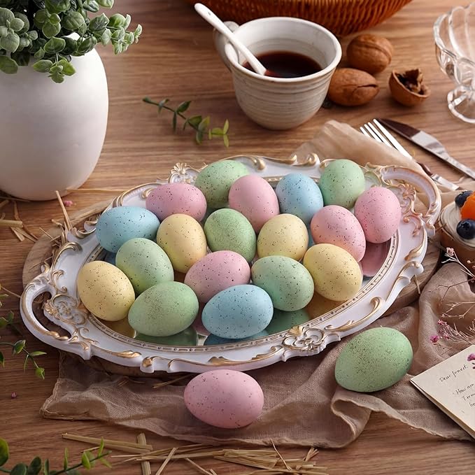 Gejoy 18 Pcs Easter Speckled Eggs Neutral Plastic Fake Chicken Eggs Pastel Textured Easter Decor Vintage Decorative Vase Bowl Fillers Farmhouse Spring Decorations for Home Table DIY Craft (Pastel)
