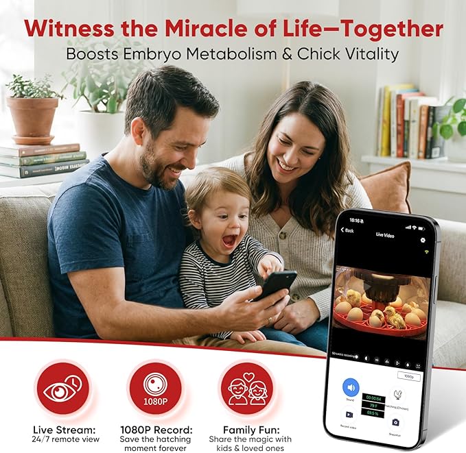 Smart Egg Incubator with WiFi APP & 1080P Camera | Auto Egg Cooling & Turner for High Hatch Rate | 18-24 Egg Capacity with Humidity Control & 360° View for Hatching Chicken/Duck/Quail