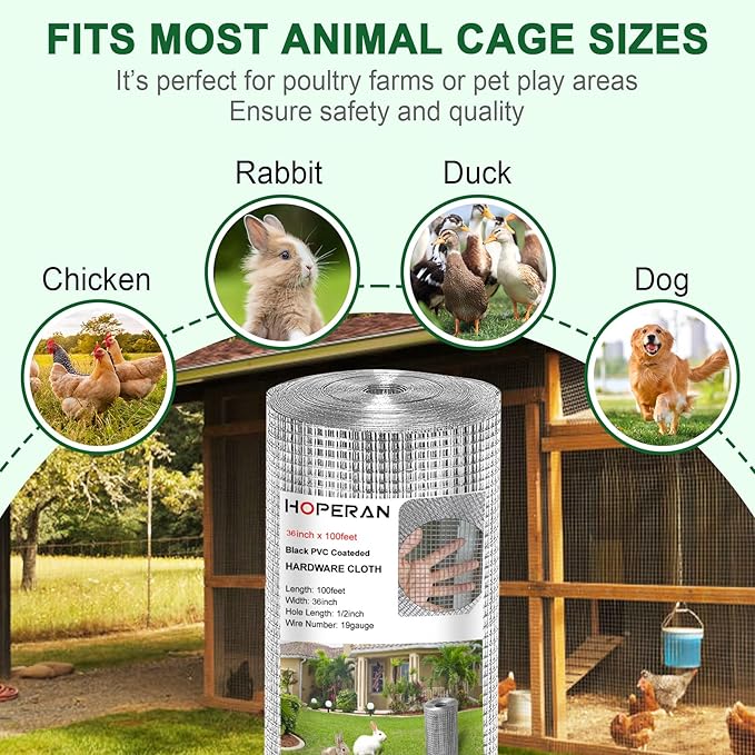 HOPERAN Hardware Cloth 1/2 Inch 36 x 100 ft - 19 Gauge Chicken Wire Fencing Mesh, Hot Dipped Galvanized After Welding, Wire Fence Rolls for Garden Fencing, Gopher Wire Rabbit Wire Poultry Netting