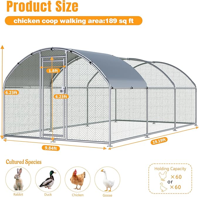 Large Metal Chicken Coop, Chicken Runs for Yard with Cover Walk-in Poultry Cage for 10 20 Chickens, Chicken Pen Duck Coop Hen House with Round Water-Resident Top and Feeding Door 19.2Lx9.84Wx6.23H FT