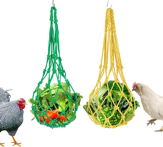 2PCS Chicken Veggies Skewer Fruit Holder with S Hooks for Hens, Hanging Feeder Toy for Chickens, Large Birds (Yellow+Green)