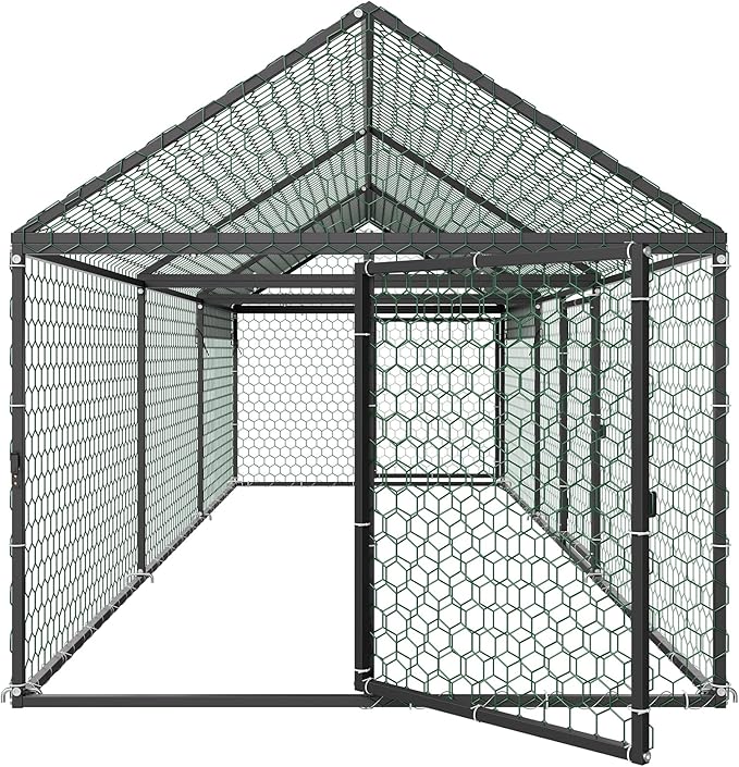 VEVOR Metal Chicken Coop for 6-8 Chickens, 3.3 x 9.8 x 3.3 ft, Small Chicken Cage with Waterproof Cover & 3 Doors, Spire Roof Poultry Run Compatible with Wooden Coops, for Rabbit Hen Goose Duck
