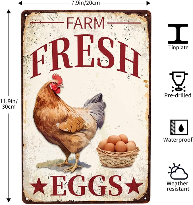 Chicken Vintage Metal Poster Farm Fresh Eggs Sign Decor-Retro Aluminum Funny Metal Tin Sign for Kitchen Farmhouse Store Market Country Farm Barn Supermarket, Outdoor Wall Signs Gift, 12''x 8''