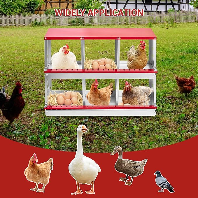 Metal Chicken Nesting Boxes - 6 Hole Wall-Mountable Laying Boxes with Lid & Roll-Away Egg Collection, Weatherproof Galvanized Steel, for Chicken Coop, Red