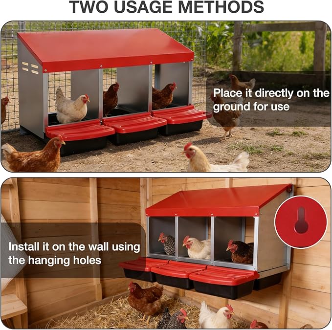 Chicken Nesting Boxes, 3 Compartments Egg Collection with Removable Drawer, Chicken Metal Laying Nest Box for Hens, Easy to Assemble, for Chicken Coop, Red